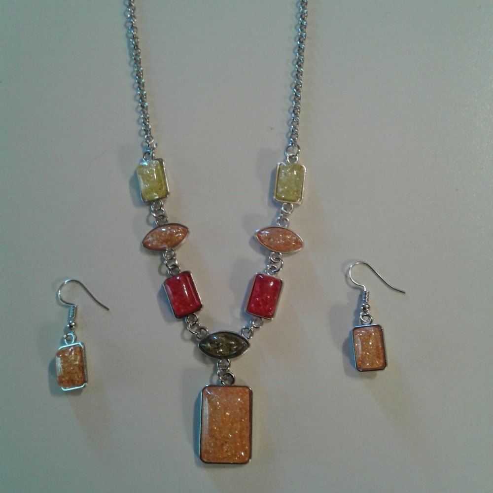Vintage Silver Square Amber Necklace and Earrings